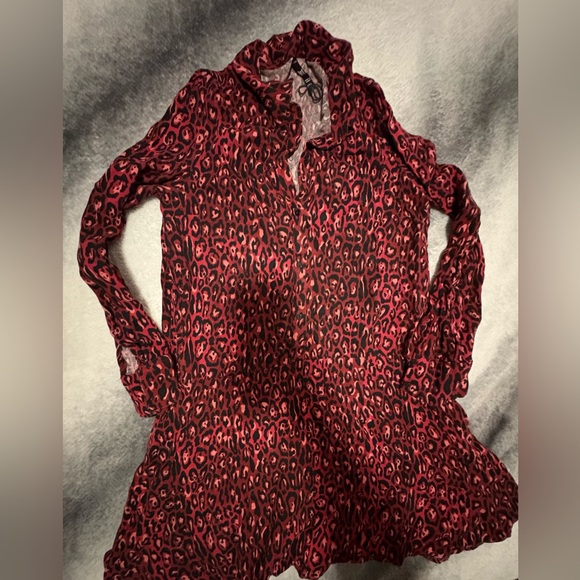 (B4) Zara TRF Red Black Leopard Animal Print Relaxed Button Front Shirt Dress L - Picture 3 of 6